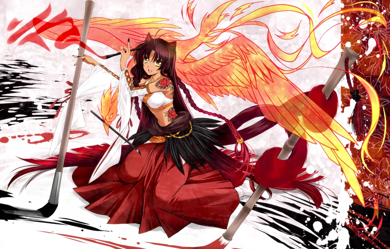 Photo wallpaper girl, pattern, wings, art, brush, plum, Kanna