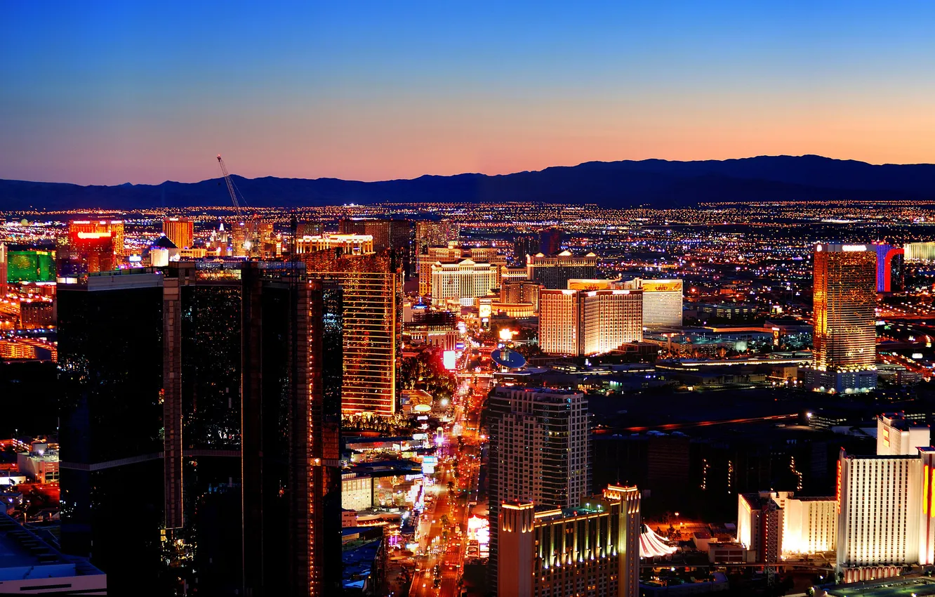 Photo wallpaper mountains, city, lights, building, the evening, panorama, USA, USA