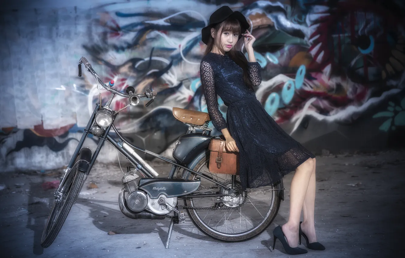 Photo wallpaper girl, bike, Asian