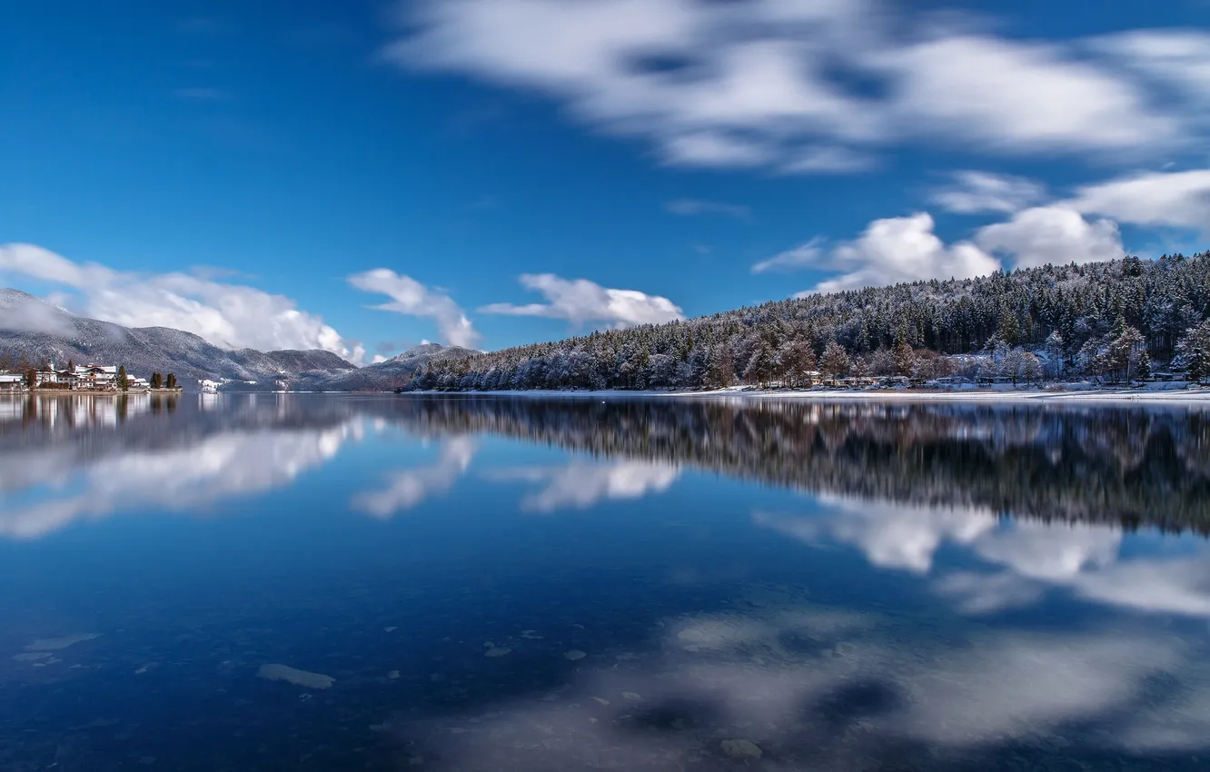 Photo wallpaper trees, mountains, lake, home, Germany, Bayern