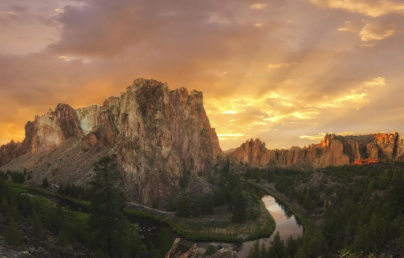 Photo wallpaper landscape, sunset, mountains, nature, river