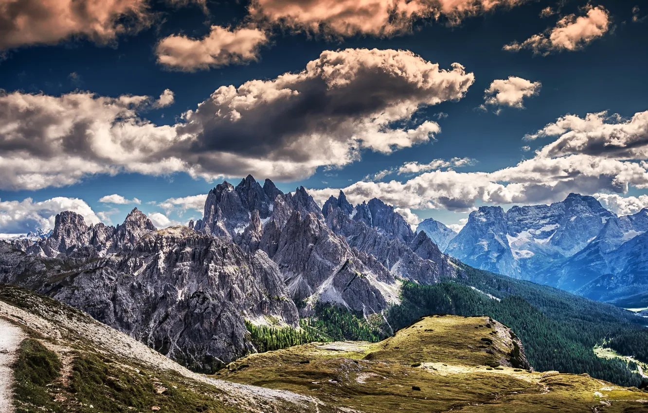 Photo wallpaper clouds, mountains, rocks, hdr