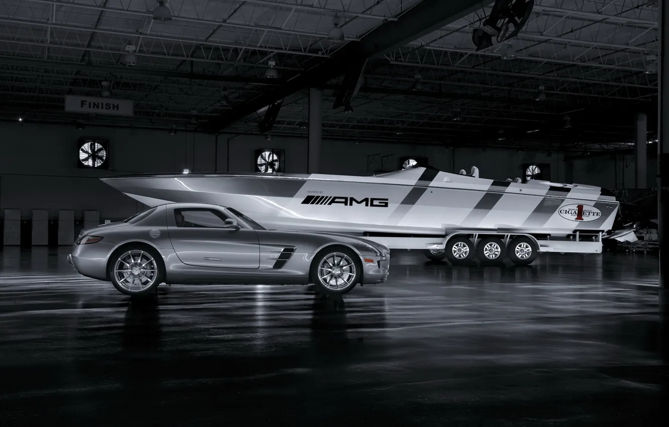 Photo wallpaper Mercedes-Benz, hangar, boat, Mercedes, AMG, SLS