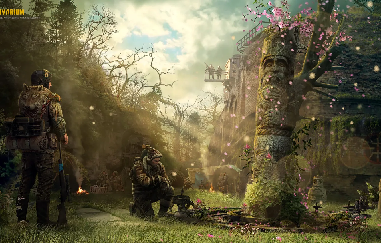 Photo wallpaper forest, trees, building, Stalker, area, Survarium