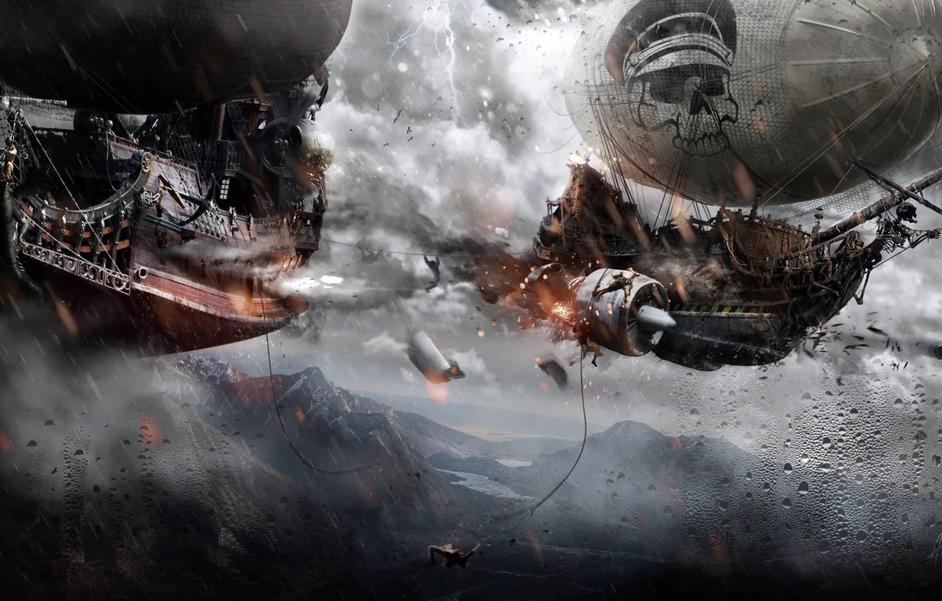Photo wallpaper Weapons, canhoes, sake, battle, dirigible, skeleton, spear, boat
