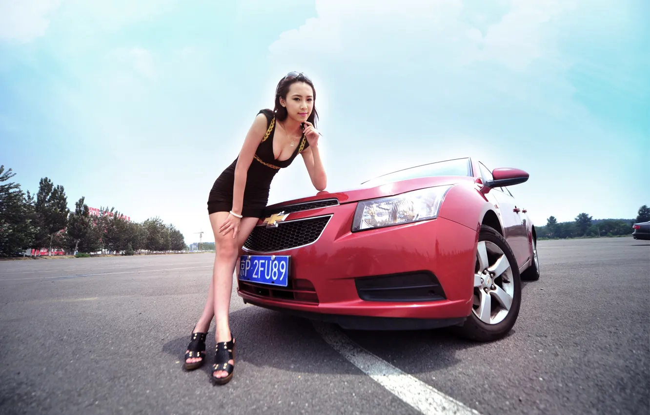 Photo wallpaper look, Girls, Chevrolet, Asian, beautiful girl, red car, posing on the car