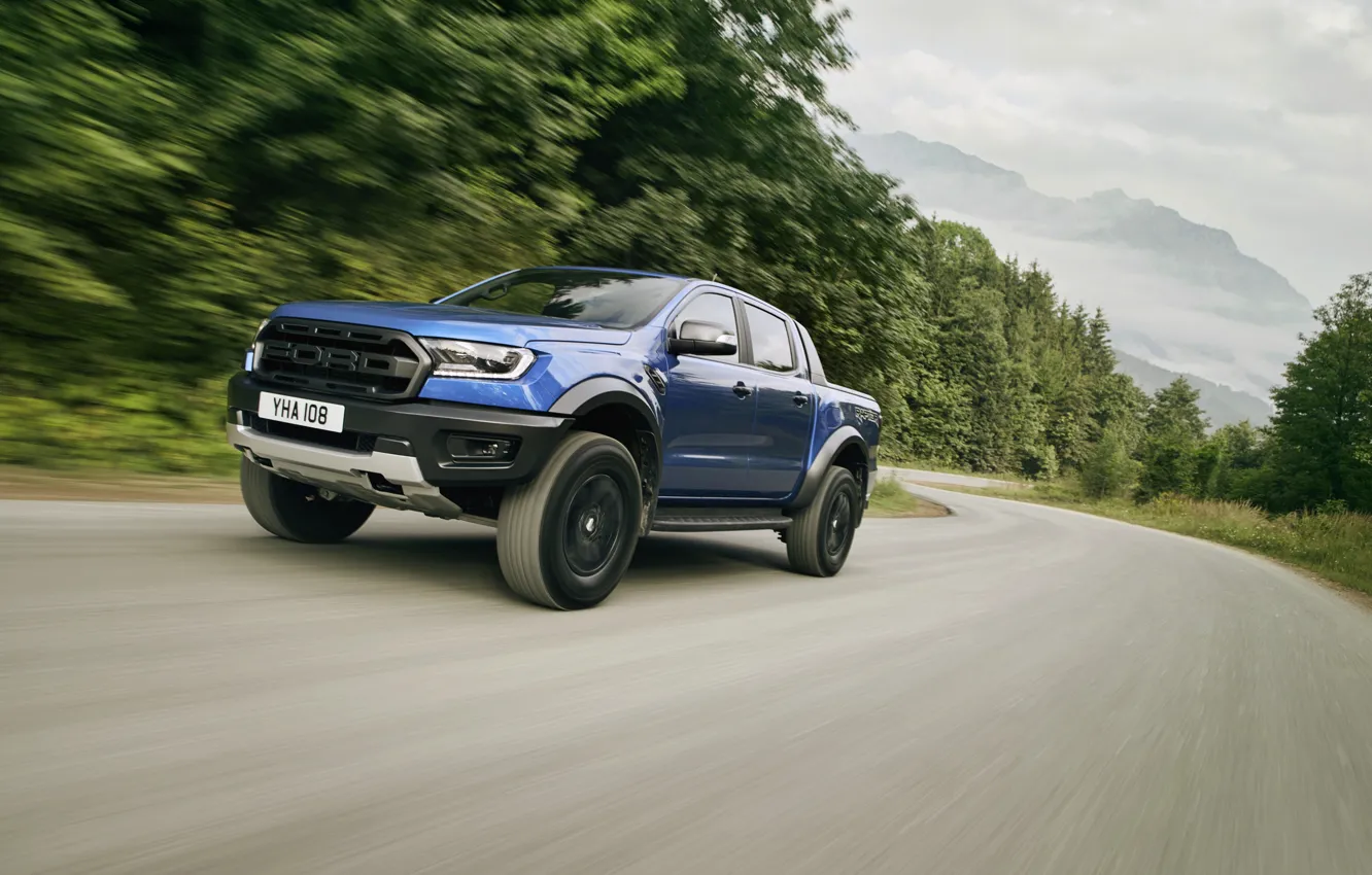 Photo wallpaper road, trees, blue, Ford, Raptor, pickup, 2018, Ranger