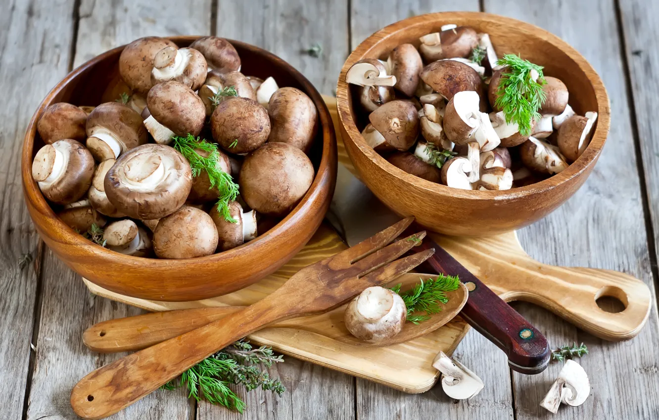 Photo wallpaper mushrooms, dill, spoon, knife, bowl, plug, mushrooms, Portobello