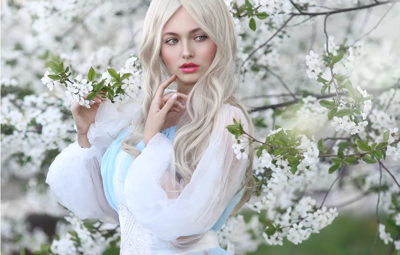 Photo wallpaper look, girl, branches, nature, cherry, spring, makeup, dress