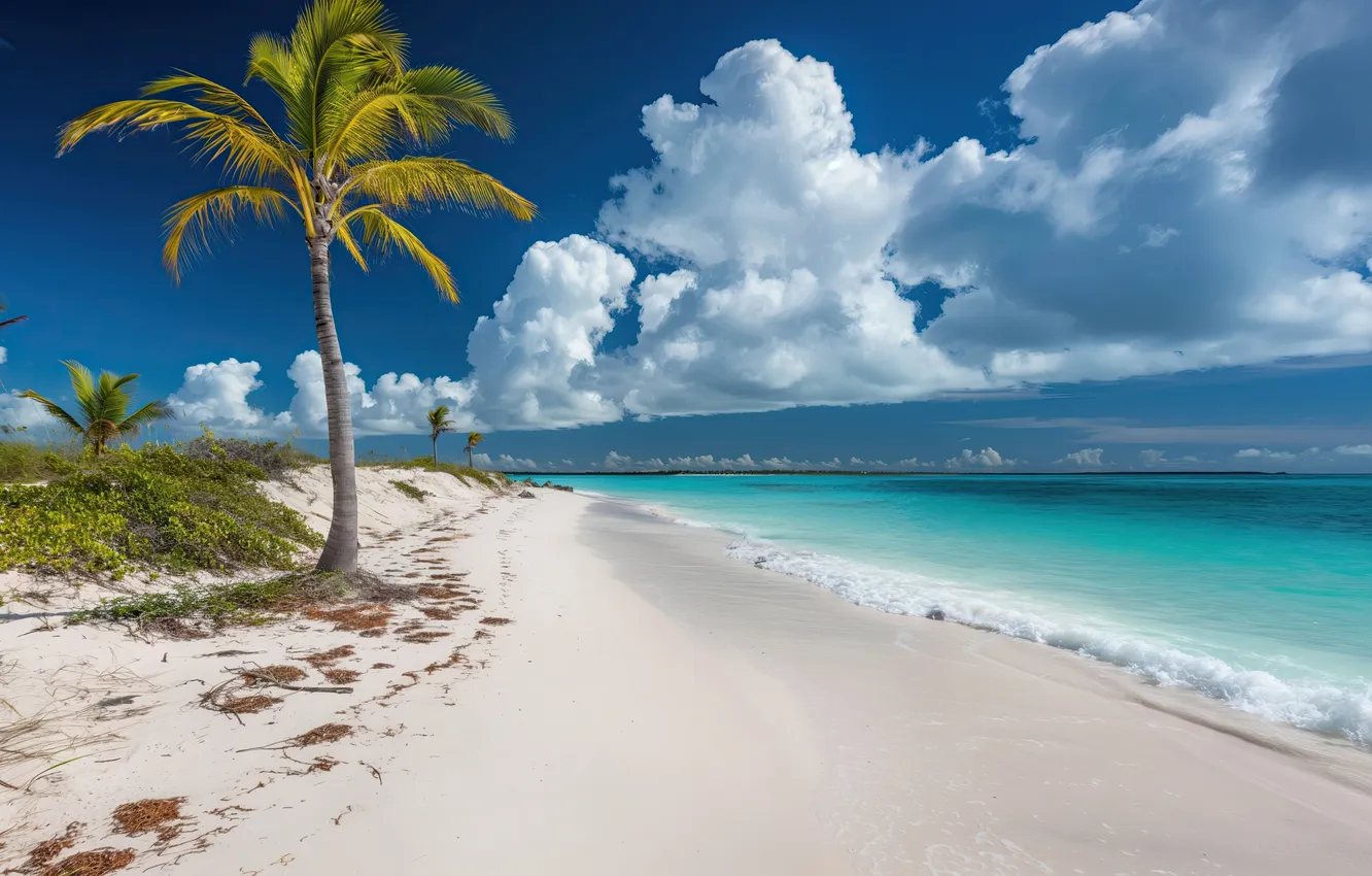 Photo wallpaper beach, sea, landscape, sand, palm trees