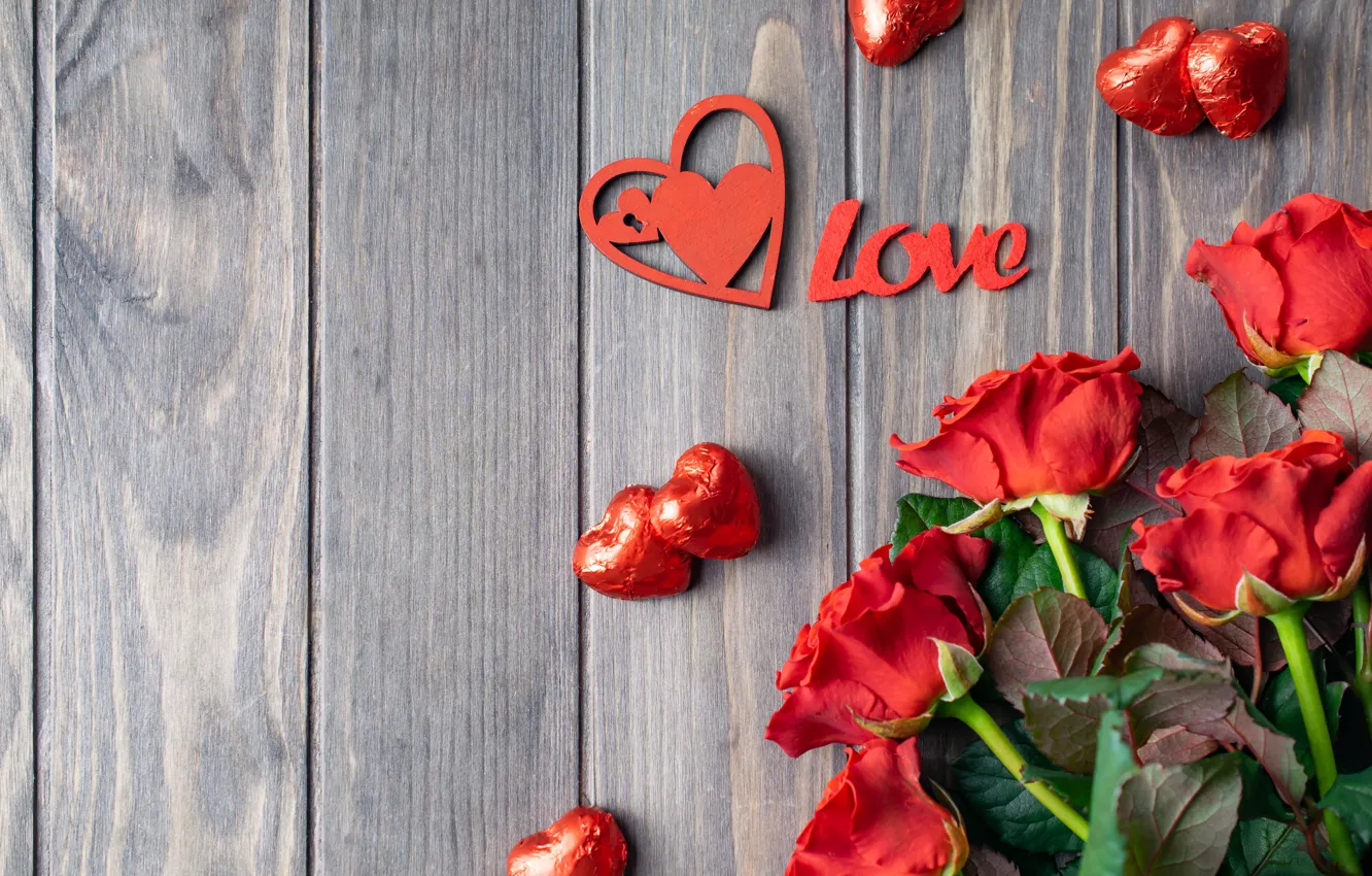 Photo wallpaper Love, roses, candy, romantic, Valentine's Day, serdechki