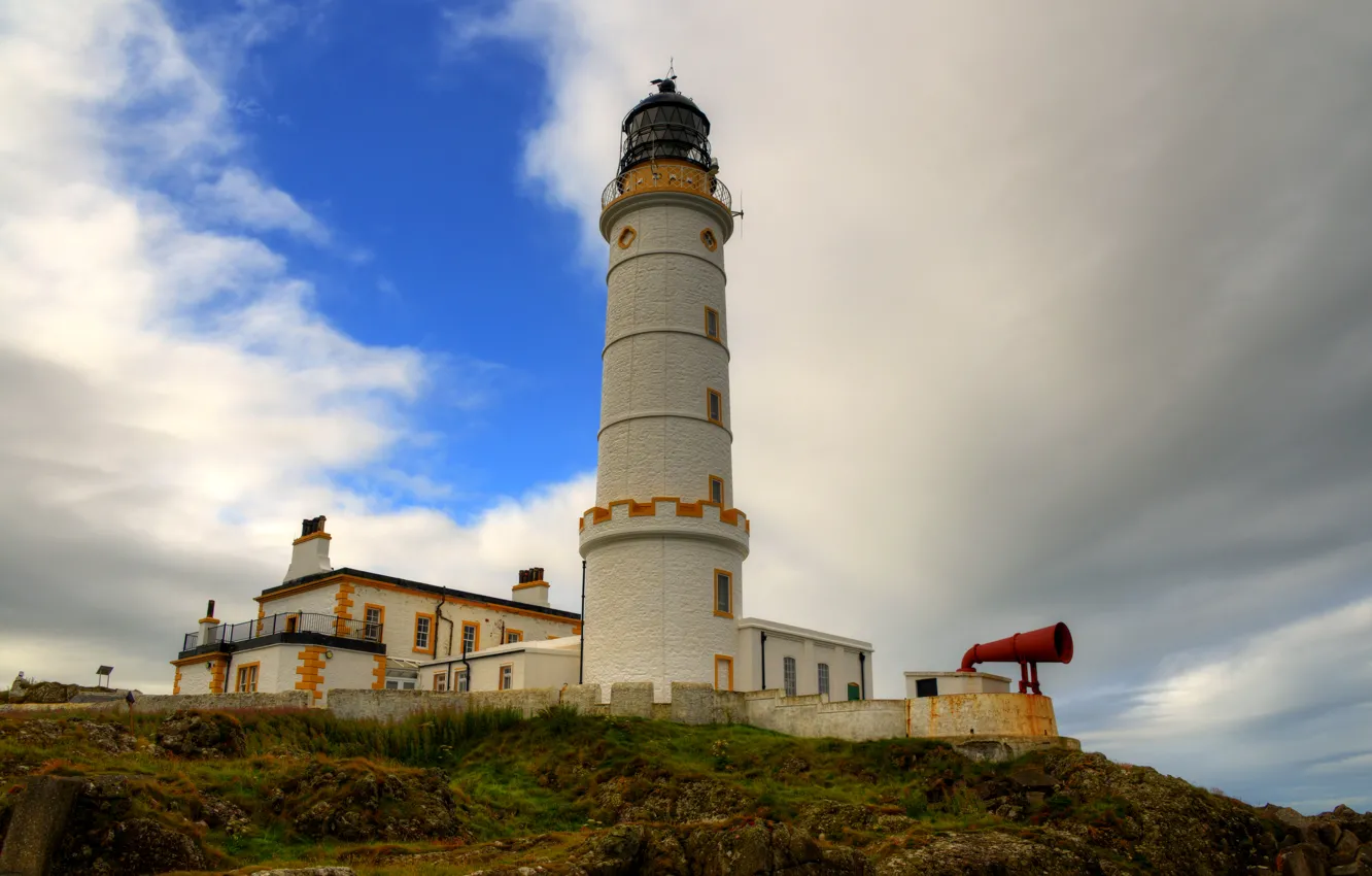 Photo wallpaper sea, the sky, clouds, coast, lighthouse, Scotland, Corsewall Lighthouse