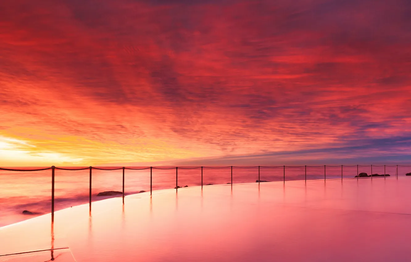Photo wallpaper beach, the sky, clouds, sunset, the ocean, shore, the evening, pool