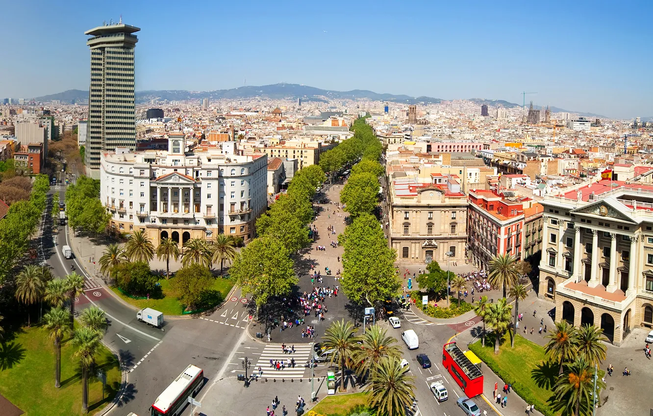 Photo wallpaper road, trees, home, area, Spain, the view from the top, Barcelona