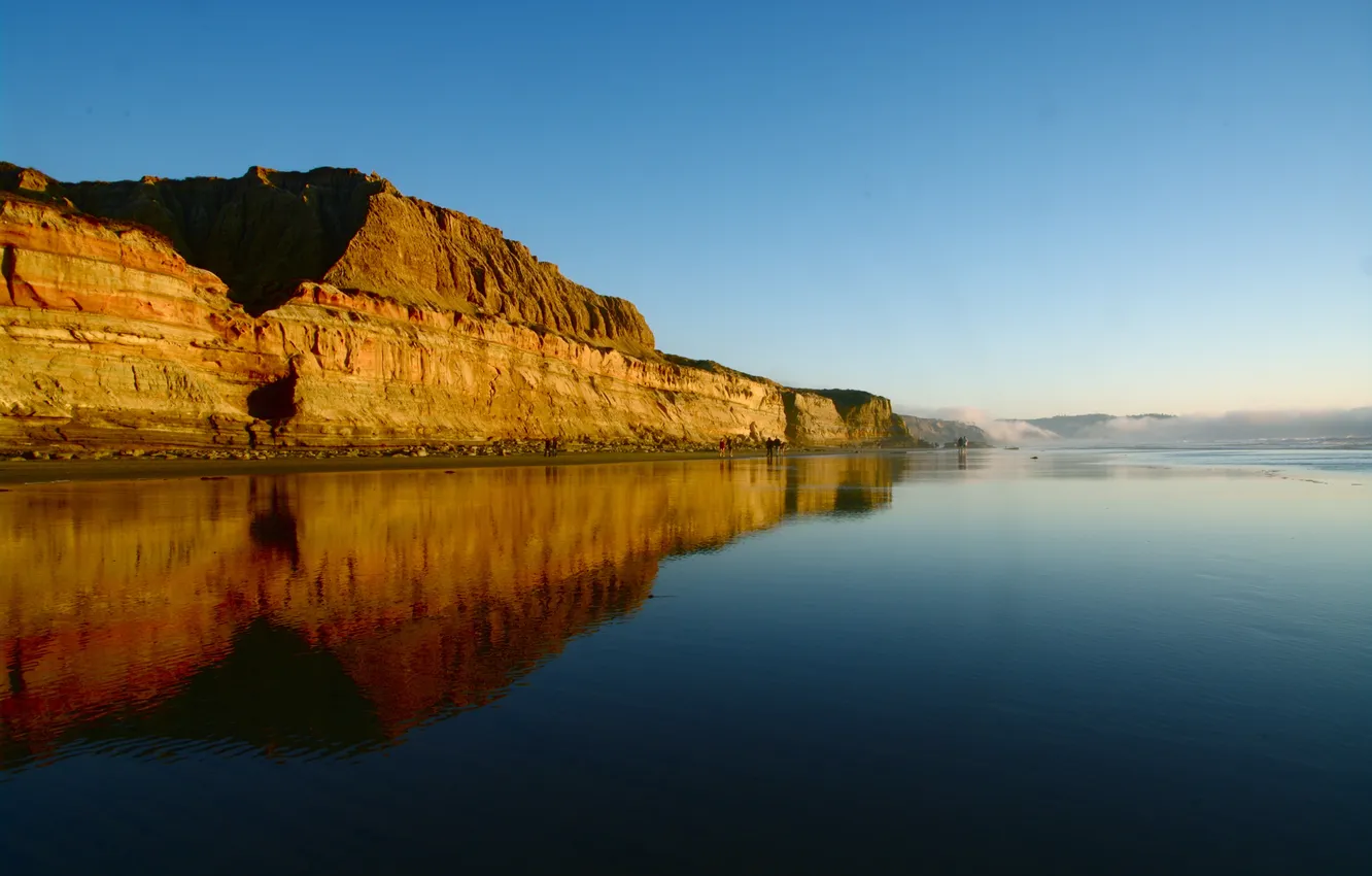 Photo wallpaper the sky, clouds, lake, reflection, people, rocks, mirror