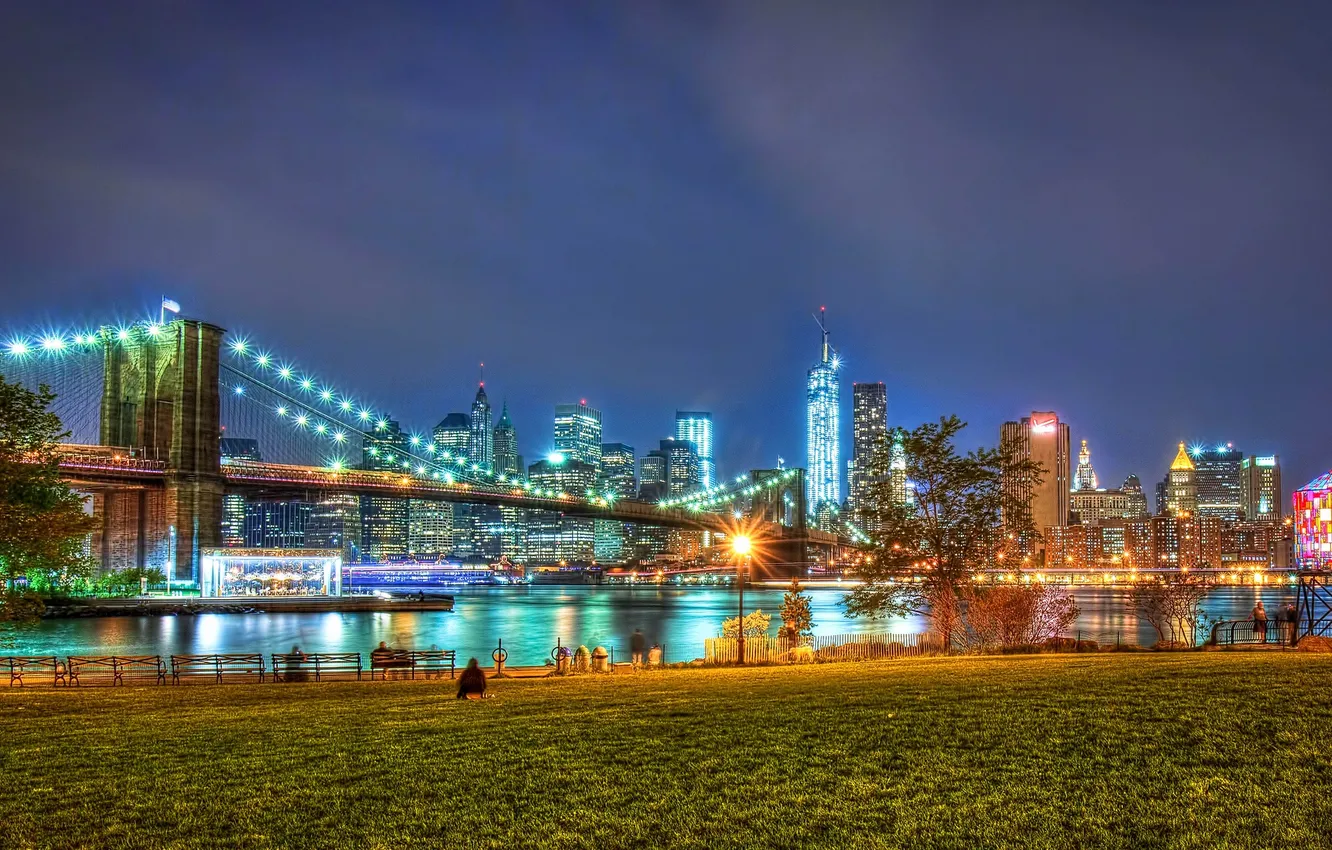 Photo wallpaper grass, night, people, New York, lights, Brooklyn bridge, benches, The Empire state building