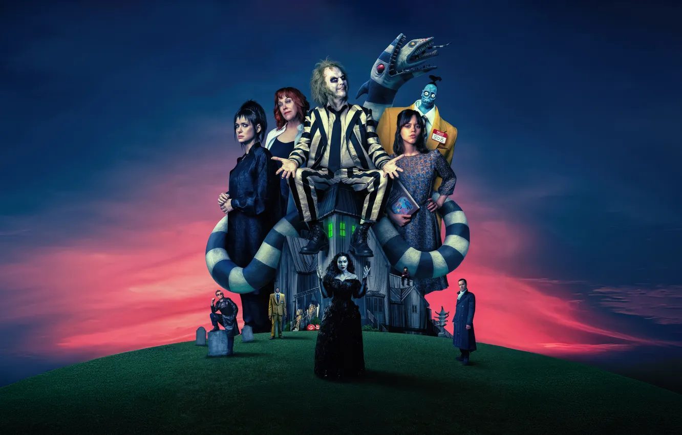 Photo wallpaper poster, Michael Keaton, Jenna Ortega, Monica Bellucci, Willem Dafoe, Willem Dafoe, Beetlejuice Beetlejuice, Beetlejuice Beetlejuice