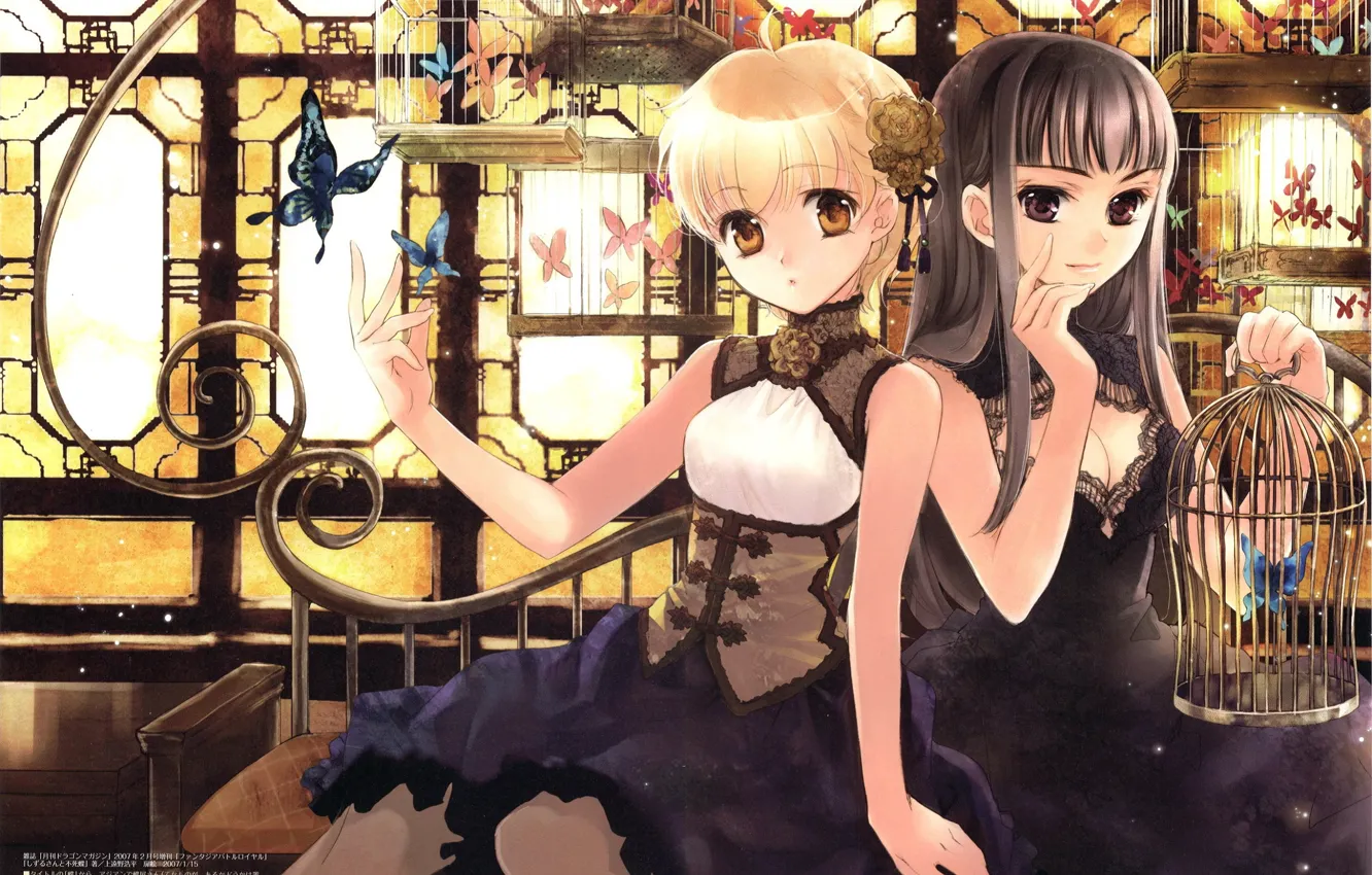 Photo wallpaper sofa, butterfly, cell, neckline, corset, in the room, friend, ruffles