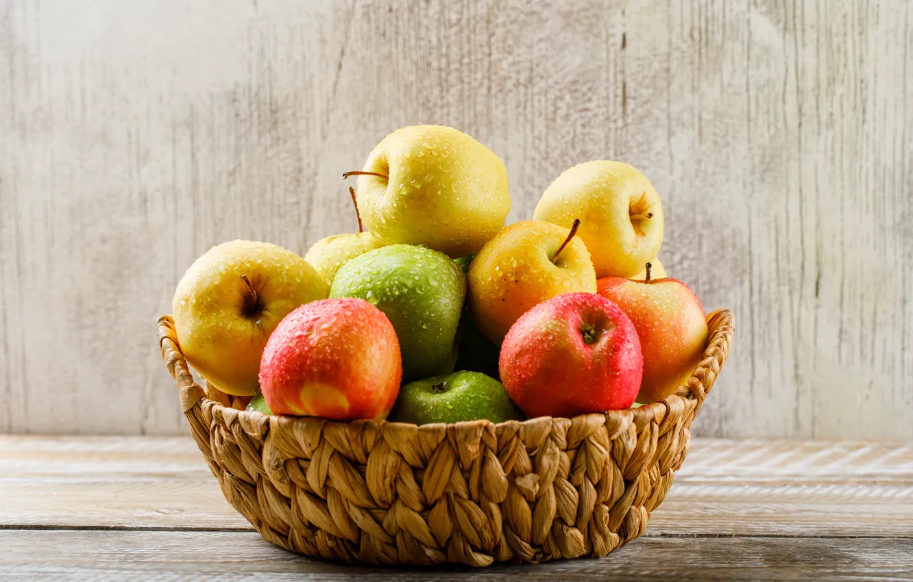 Photo wallpaper drops, yellow, red, green, table, apples, Board, fruit