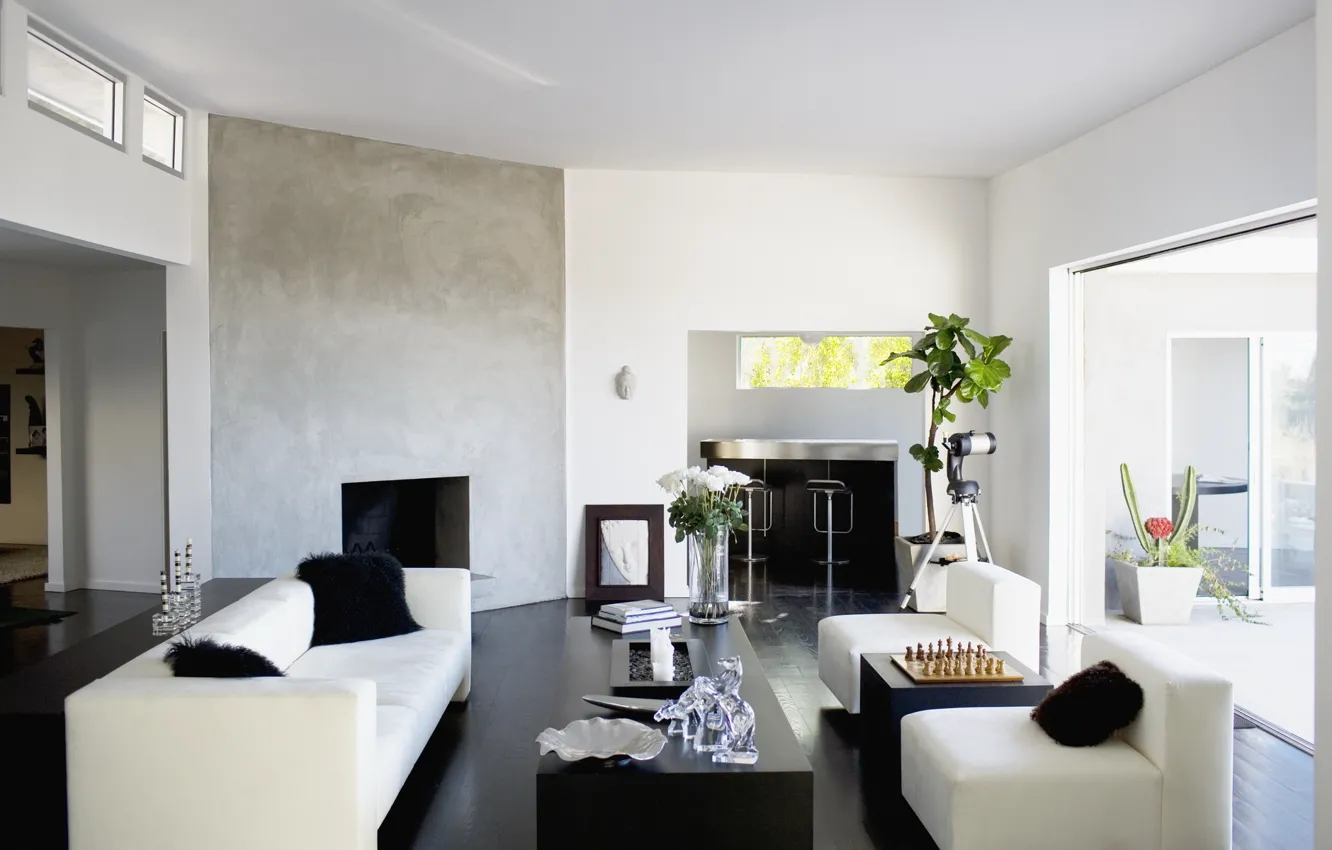 Photo wallpaper design, table, room, sofa, black, interior, pillow, chess