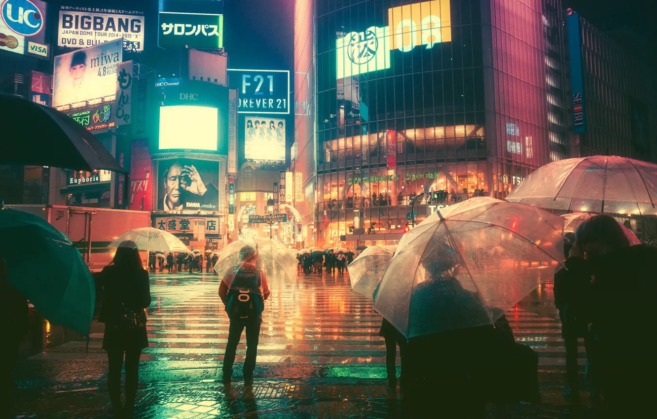 Photo wallpaper Night, The city, Neon, People, Light, Rain, Advertising, Tokyo