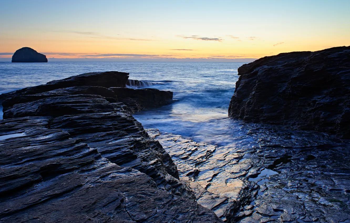 Photo wallpaper sea, the sky, sunset, blue, stones, rocks, coast, horizon