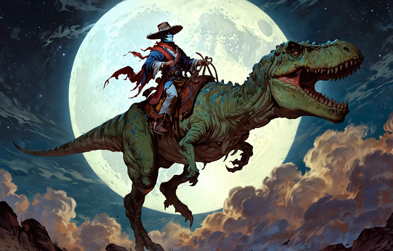 Photo wallpaper night, the moon, dinosaur, rider