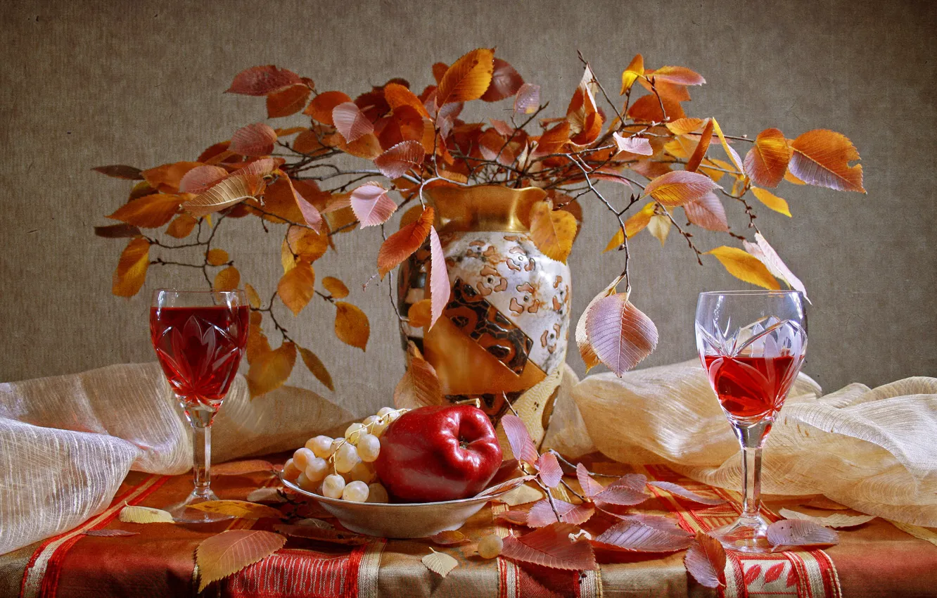 Photo wallpaper leaves, wine, Apple, bouquet, Autumn, glasses, grapes, vase