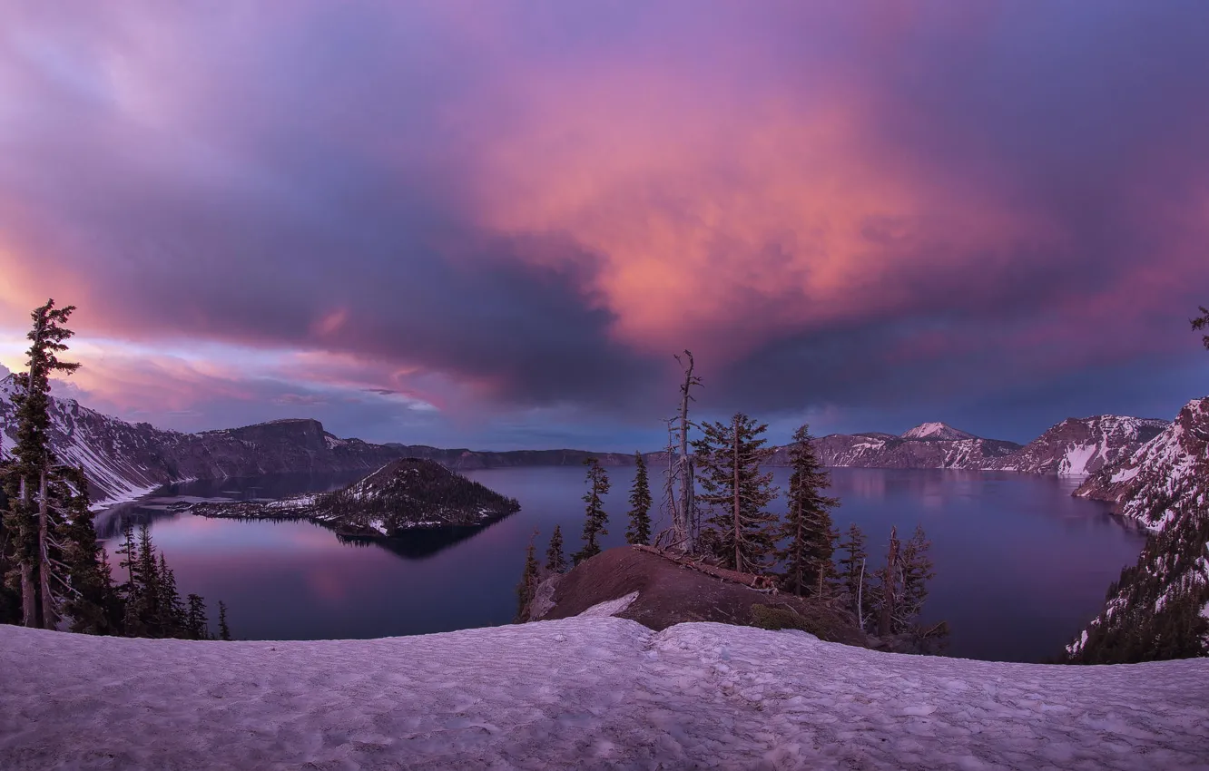 Photo wallpaper winter, snow, sunset, island, Lake, USA, crater, Oregon
