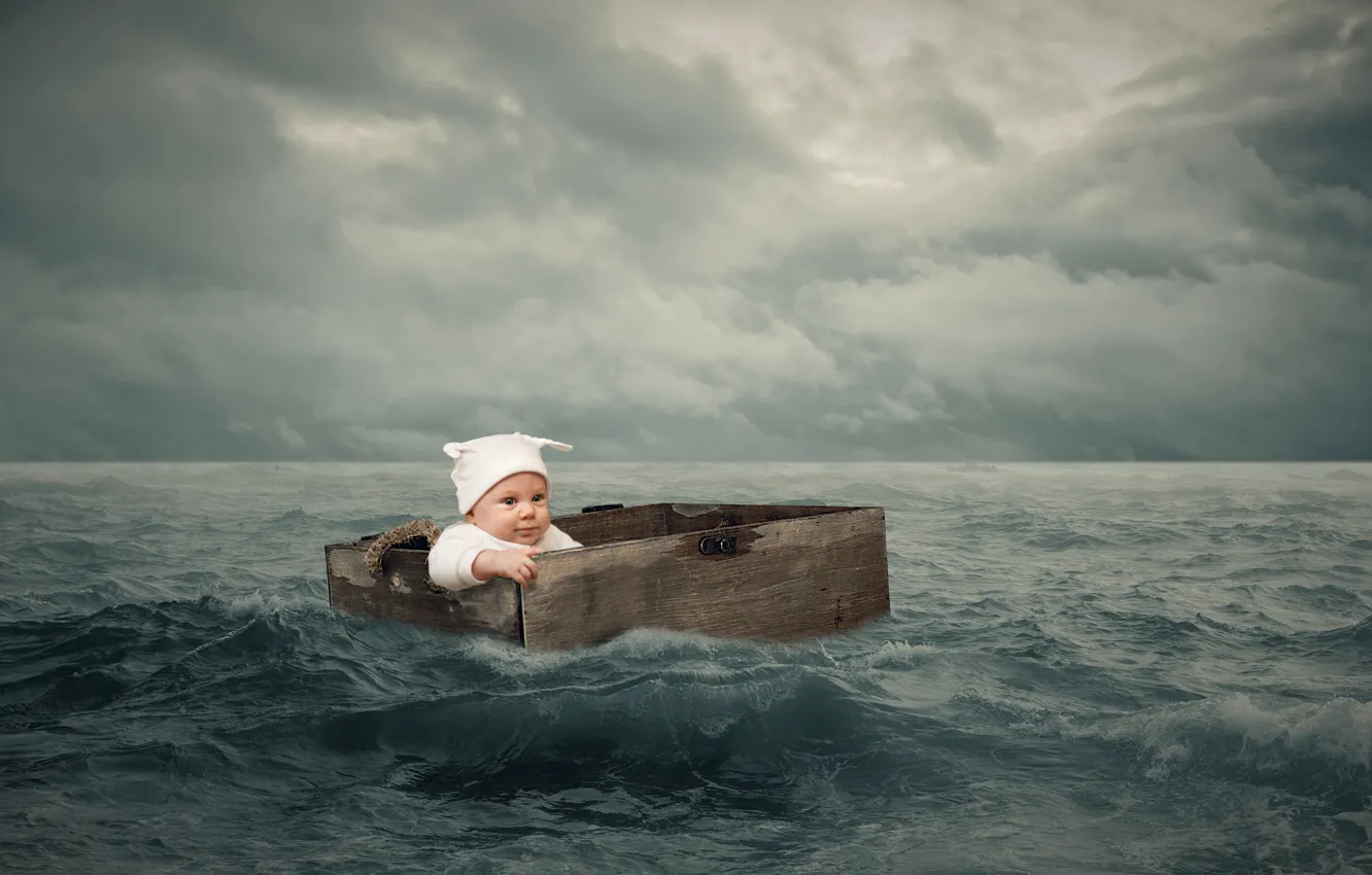 Photo wallpaper sea, wave, the sky, clouds, children, rendering, boy, baby