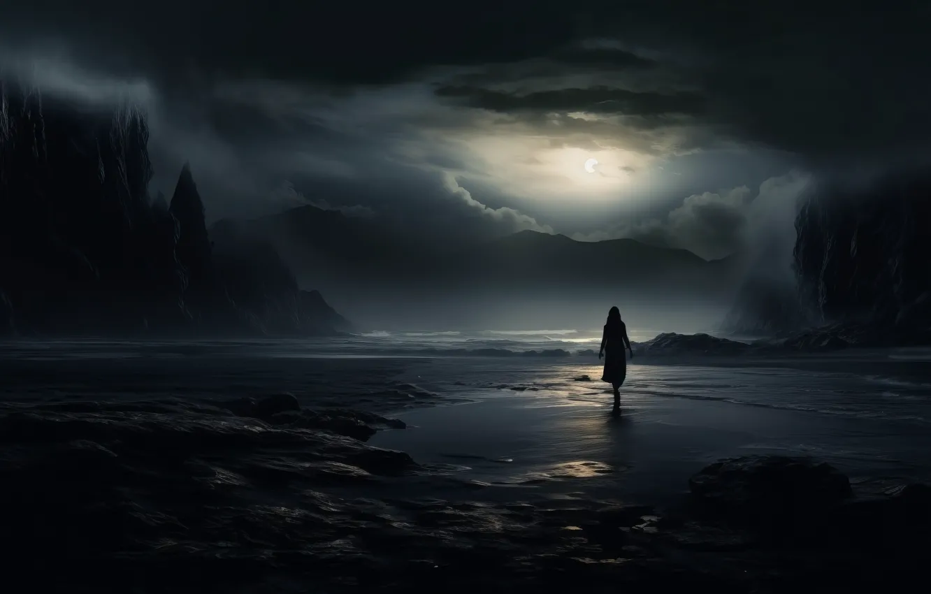 Photo wallpaper girl, clouds, rocks, the moon, the darkness, haze, digital art, digital art