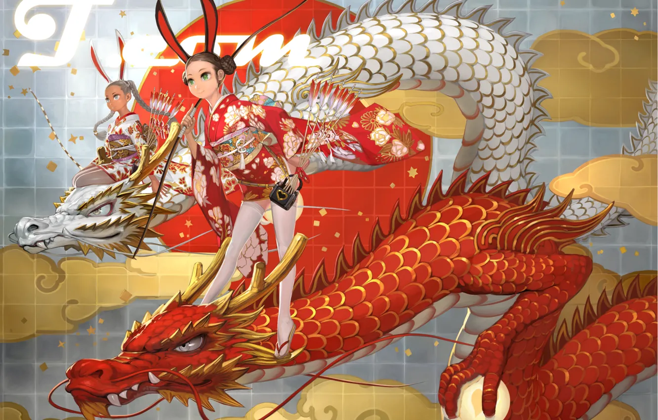 Photo wallpaper girls, figure, dragons, bow, sphere, ears, bunnies, takayama toshiaki