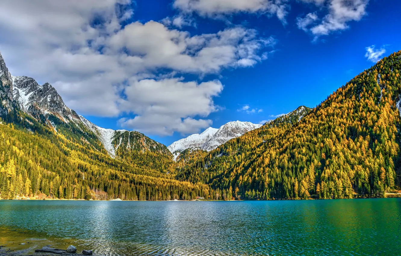 Photo wallpaper autumn, forest, clouds, snow, mountains, yellow, lake, blue