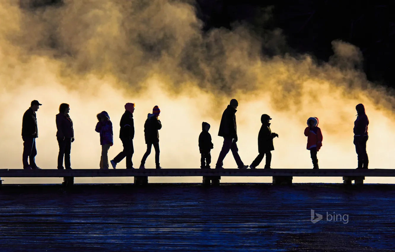 Photo wallpaper people, silhouette, Wyoming, USA, the bridge, Yellowstone National Park