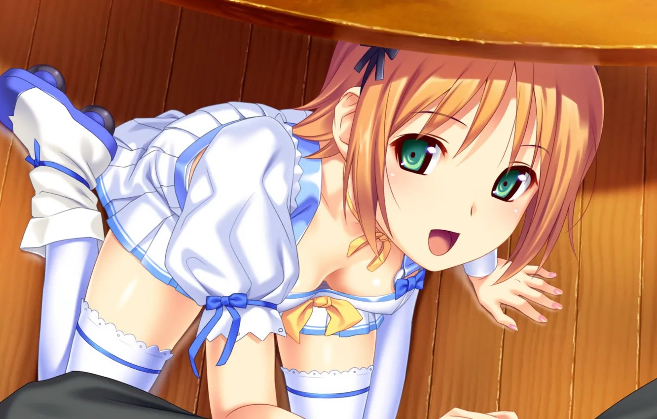 Photo wallpaper table, stockings, videos, neckline, the waitress, sitting on the floor, tropical kiss, visual novel