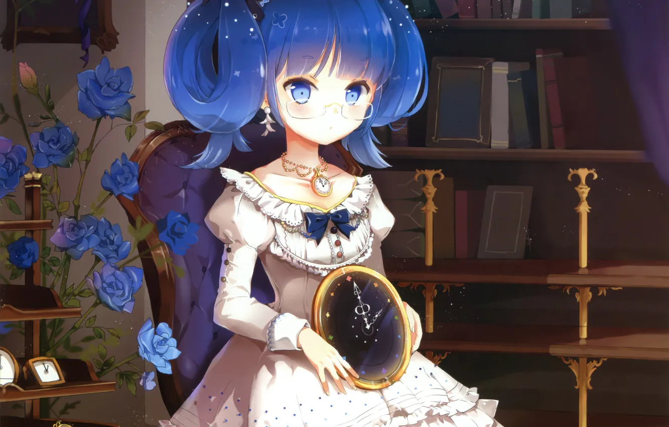 Photo wallpaper blue, arrows, watch, roses, dress, art, girl, beautiful