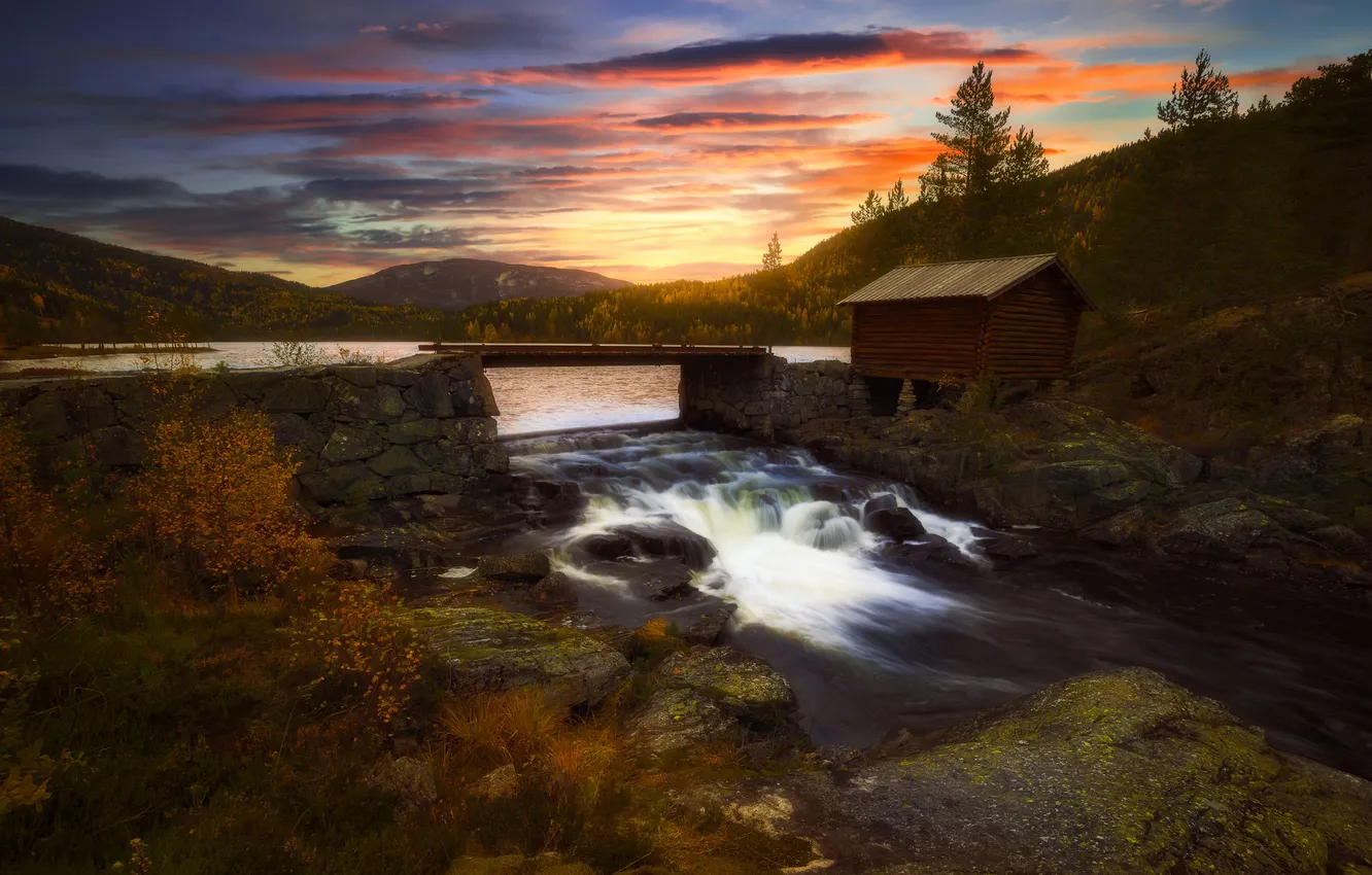 Photo wallpaper sunset, river, home