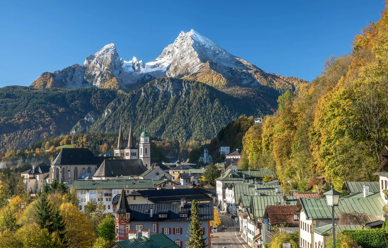 Photo wallpaper autumn, landscape, mountains, street, home, Germany, Bayern, Church