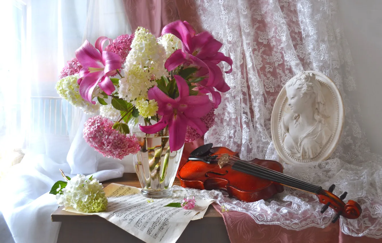 Photo wallpaper girl, notes, violin, Lily, bouquet, window, vase, bust