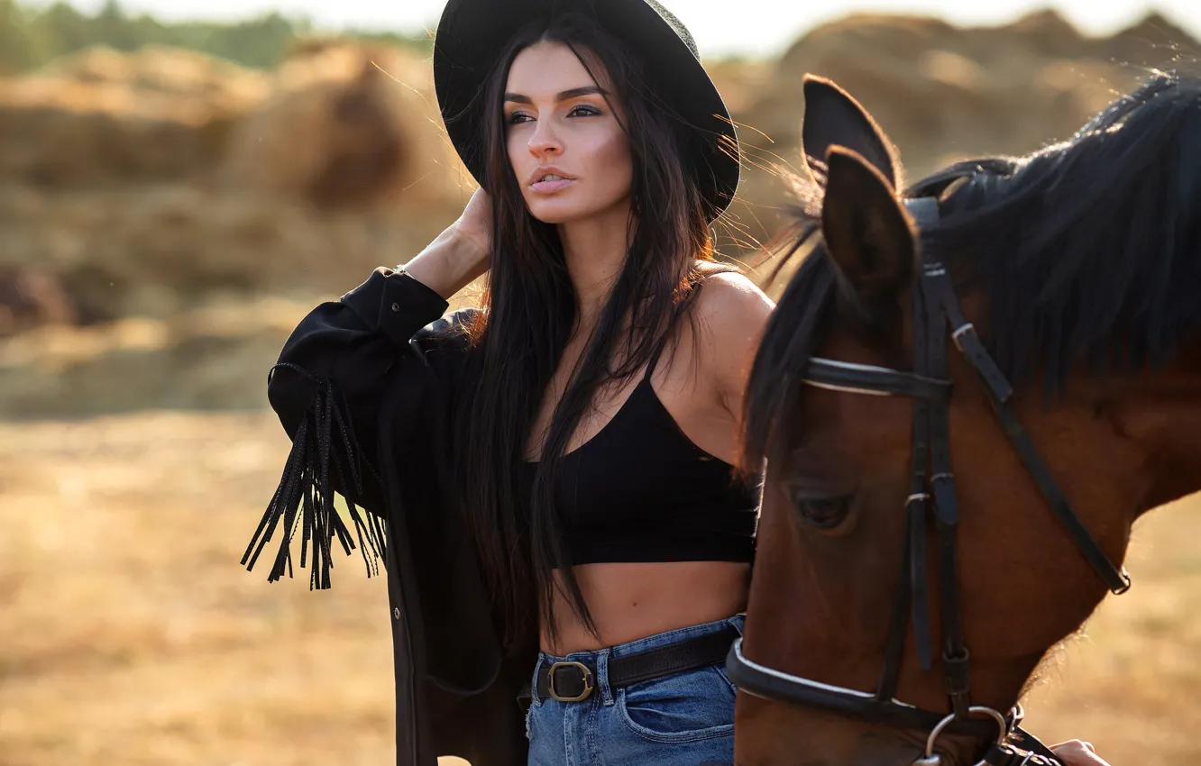 Photo wallpaper girl, pose, horse, horse, hat, long hair, by Dasha Nenasheva, Maria Golovanova