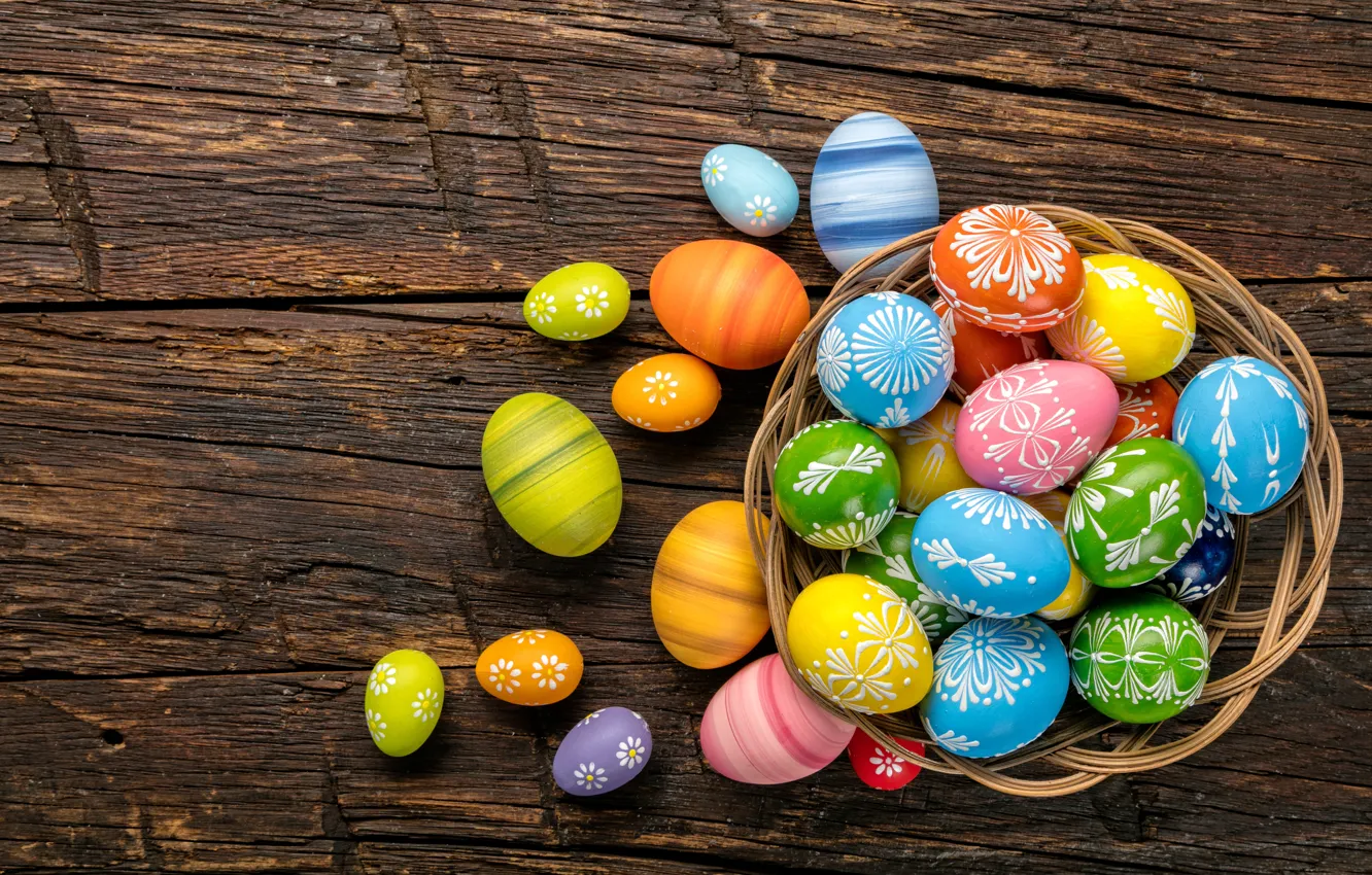 Photo wallpaper colorful, Easter, wood, spring, Easter, eggs, holiday, Happy
