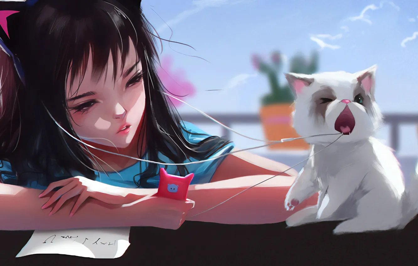 Photo wallpaper face, hands, headphones, girl, phone, bangs, blue sky, play