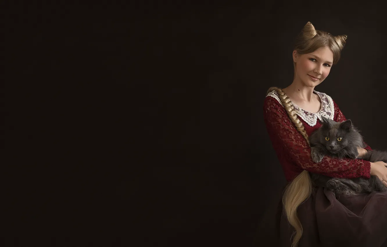 Photo wallpaper cat, cat, look, girl, red, smile, the dark background, grey