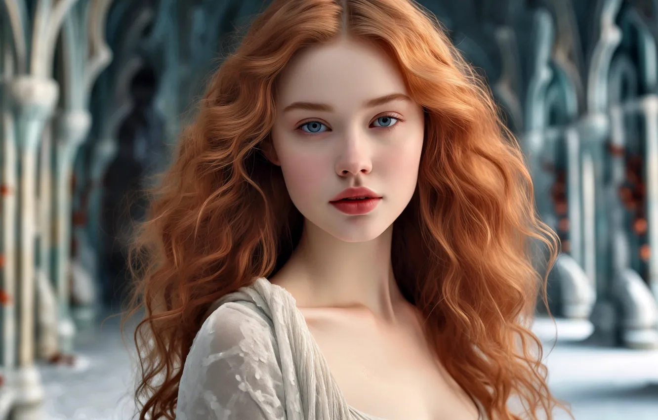Photo wallpaper look, girl, portrait, arch, hall, Princess, redhead, long hair
