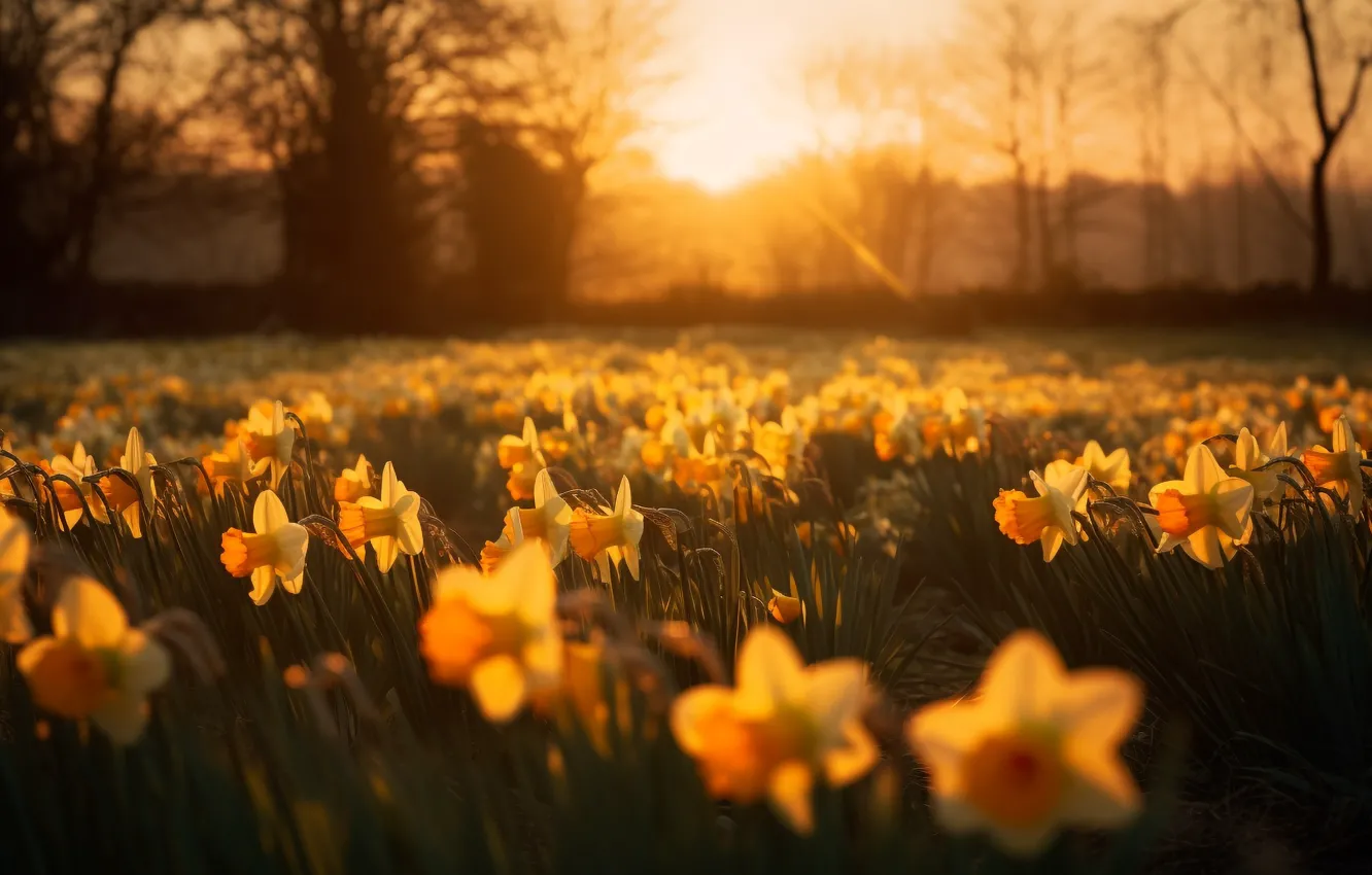 Photo wallpaper field, the sun, rays, light, trees, sunset, flowers, yellow