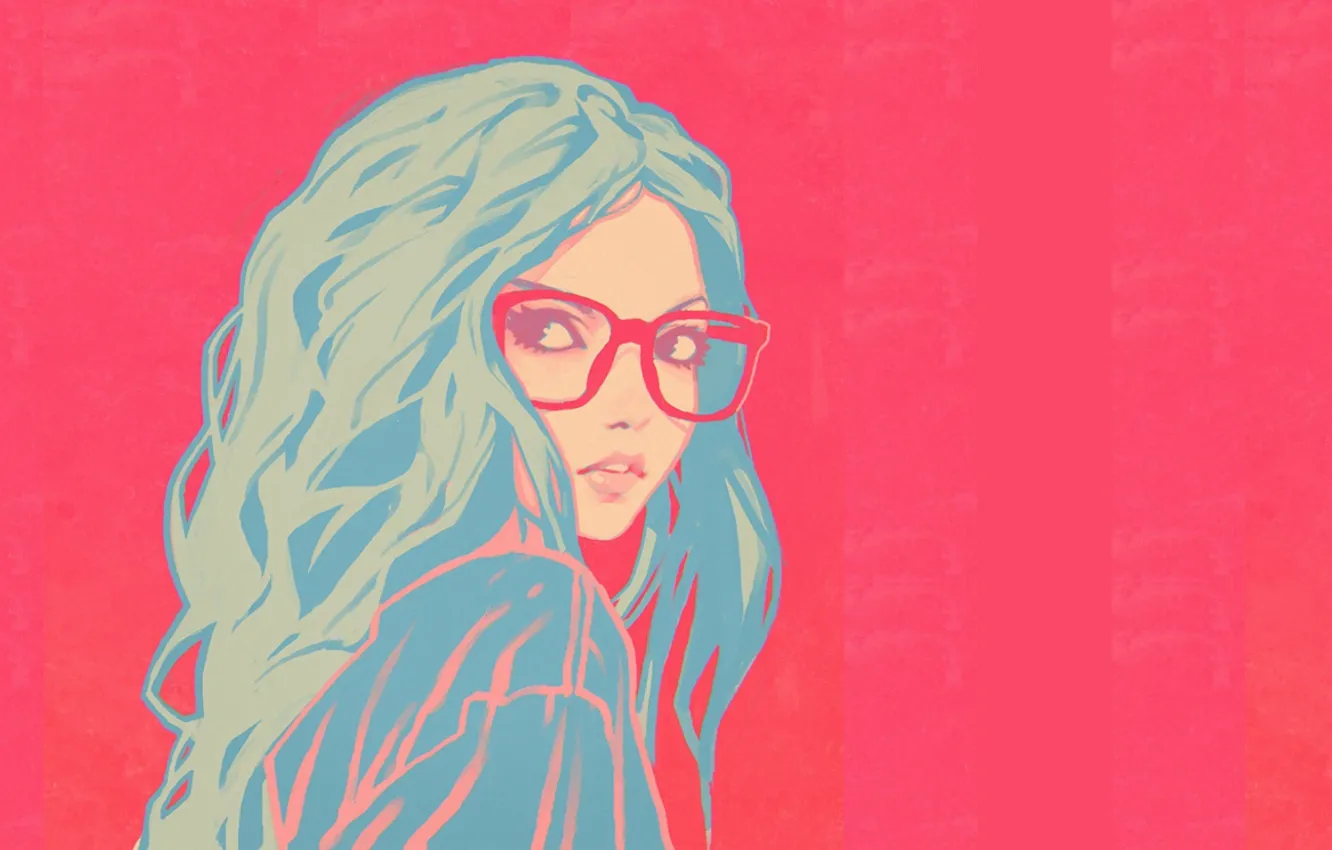 Photo wallpaper face, glasses, pink background, shoulder, blue hair, portrait of a girl, curly hair, Ilya Kuvshinov