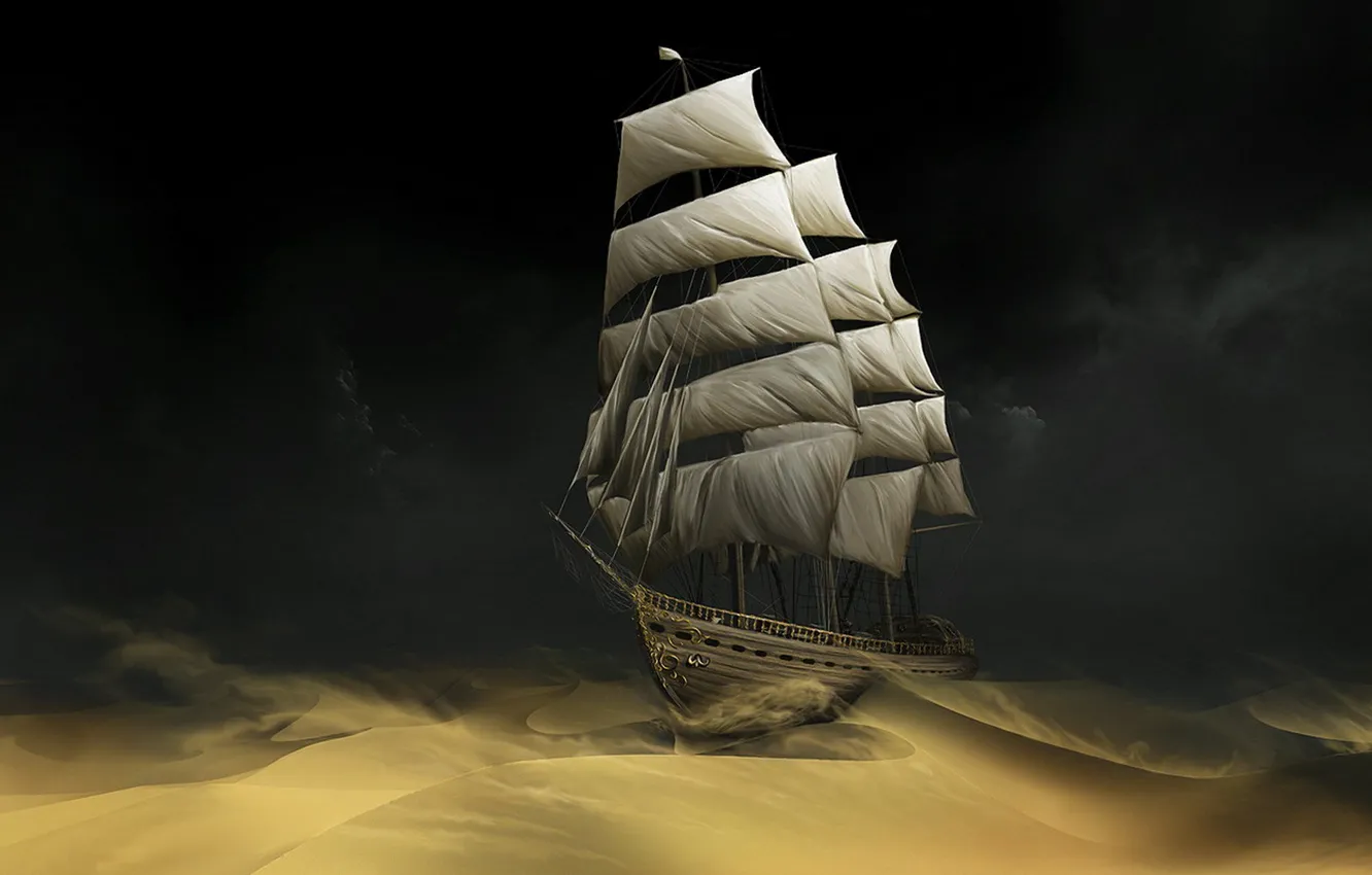 Photo wallpaper sand, ship, sail