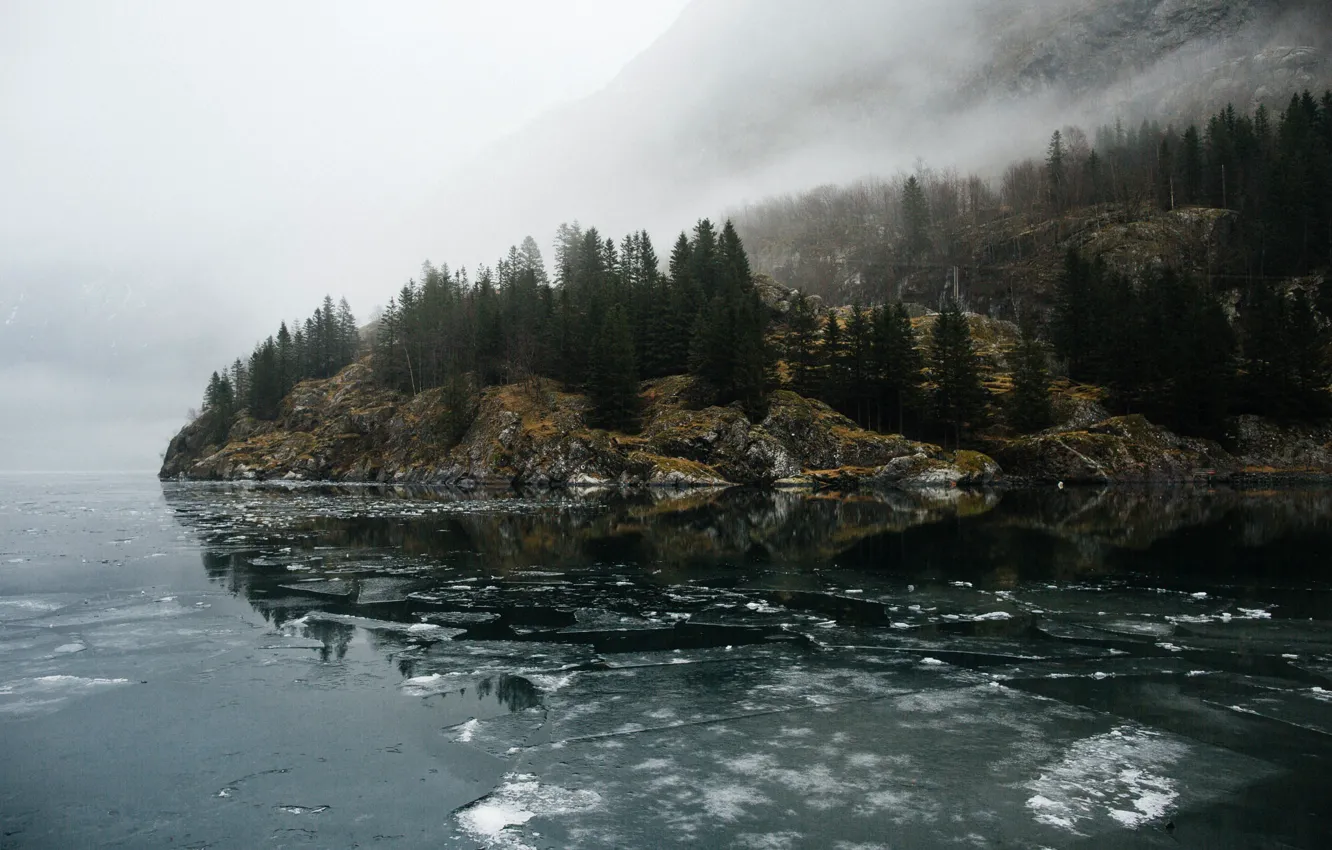 Photo wallpaper forest, mountains, fog, lake, river, rocks, ice, haze