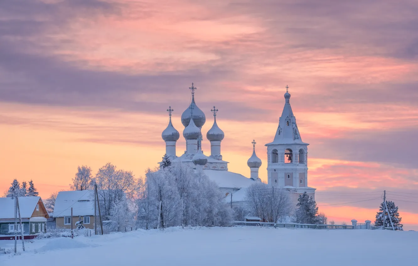 Photo wallpaper winter, snow, landscape, sunset, nature, home, village, Church
