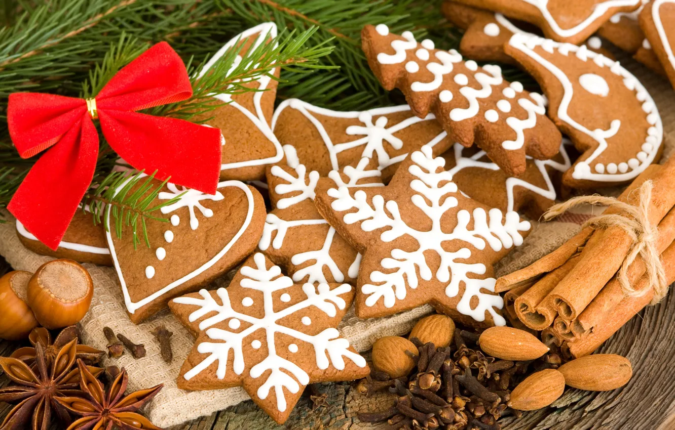 Photo wallpaper stars, snowflakes, table, heart, spruce, branch, a month, cookies